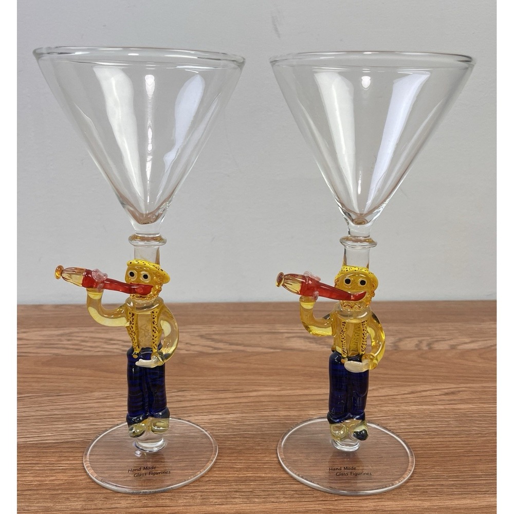 Yurana Design Set of 2 Clown Martini Glasses Hand Made Blown Glass Rare NEW